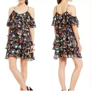 NWOT! Gianni Bini Cesa Tiered Cold Shoulder Floral Ruffle Chiffon Dress -Size XS